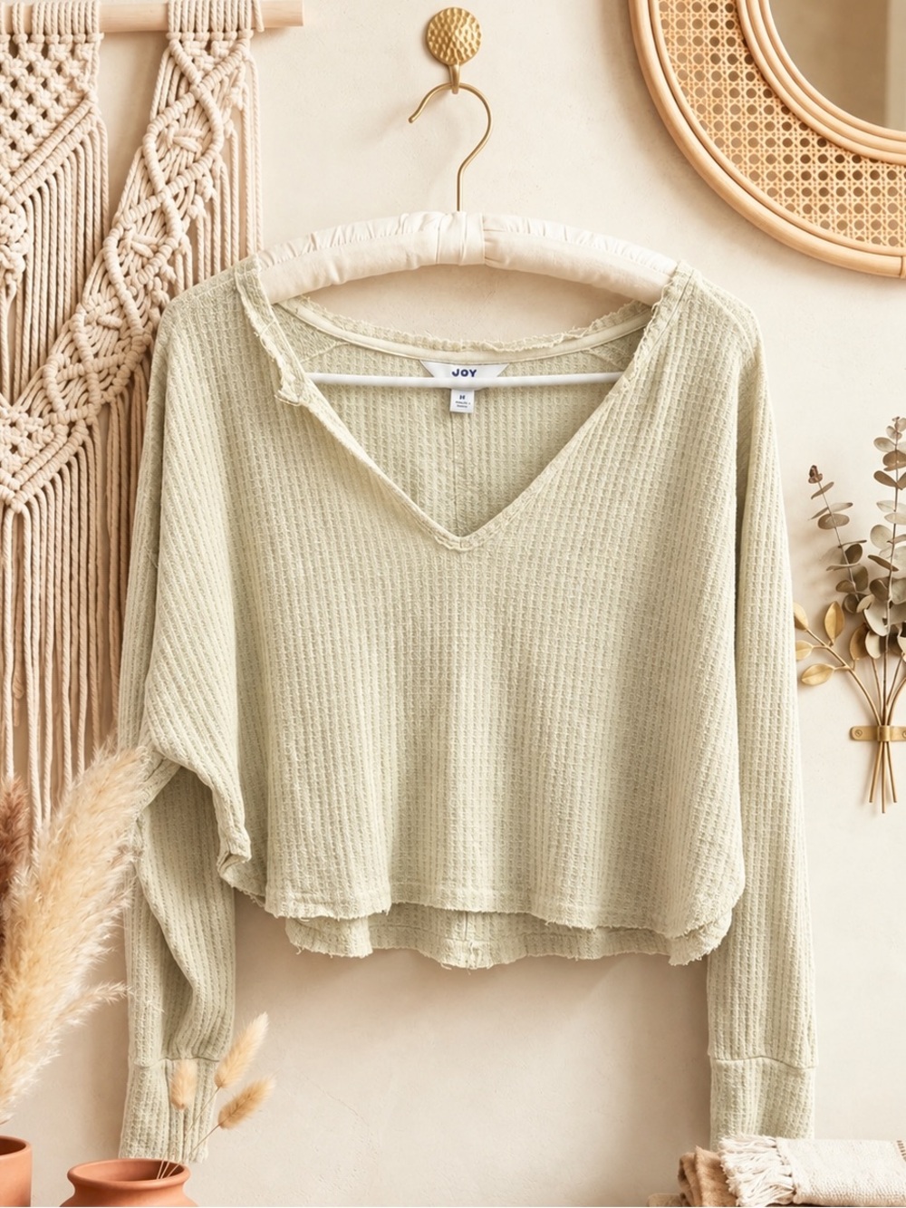 JoyLab Beige Yellow V-Neck Waffle Knit Long Sleeve Top